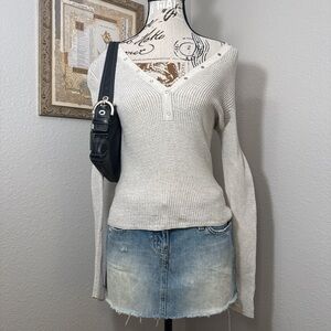 Margaret O’Leary Cream Waffle Knit Snap Button Henley Top Women’s Size Small